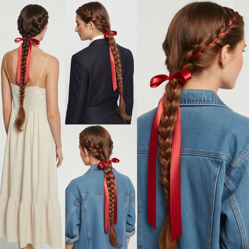 Red Ribbon in Braided Hairstyle