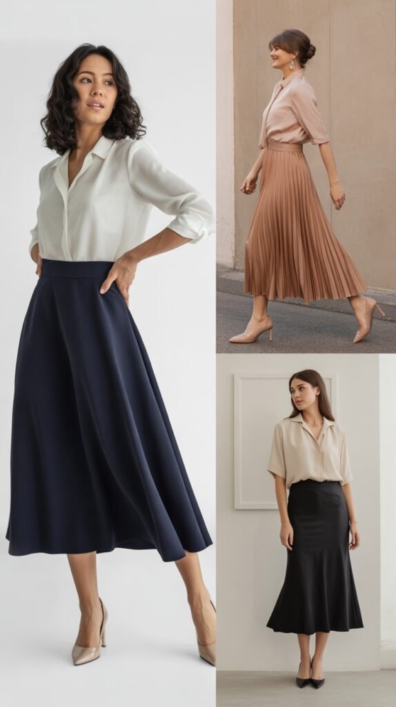 Midi Skirt with Tucked-In Blouse