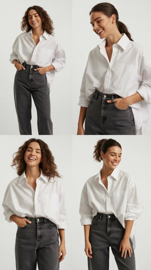 High-Waisted Jeans with Oversized Button-Down Shirt