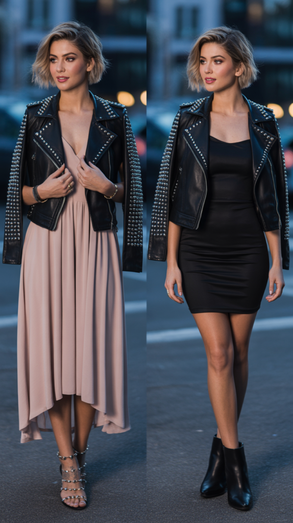 Studded Leather Jacket with Feminine Dress