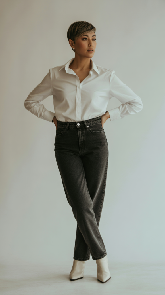 The Classic White Button-Down and High-Waisted Jeans