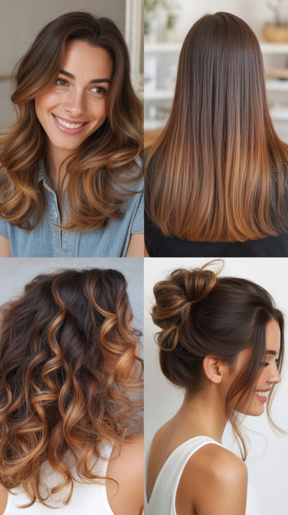 Transition from Dark to Caramel-Highlighted Warm Brown