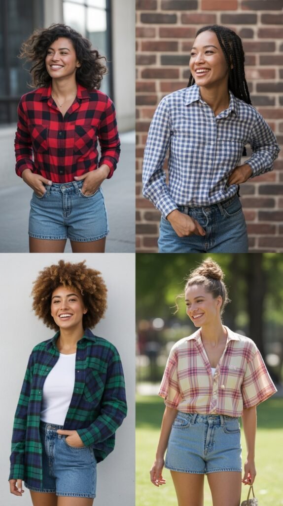  Classic Denim Cutoffs with Plaid Shirt