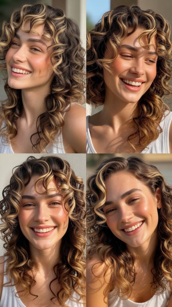 Honey Blonde Highlights on Medium Brown Curls