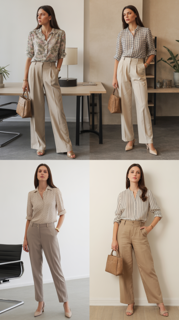 Printed Blouse with Neutral Trousers