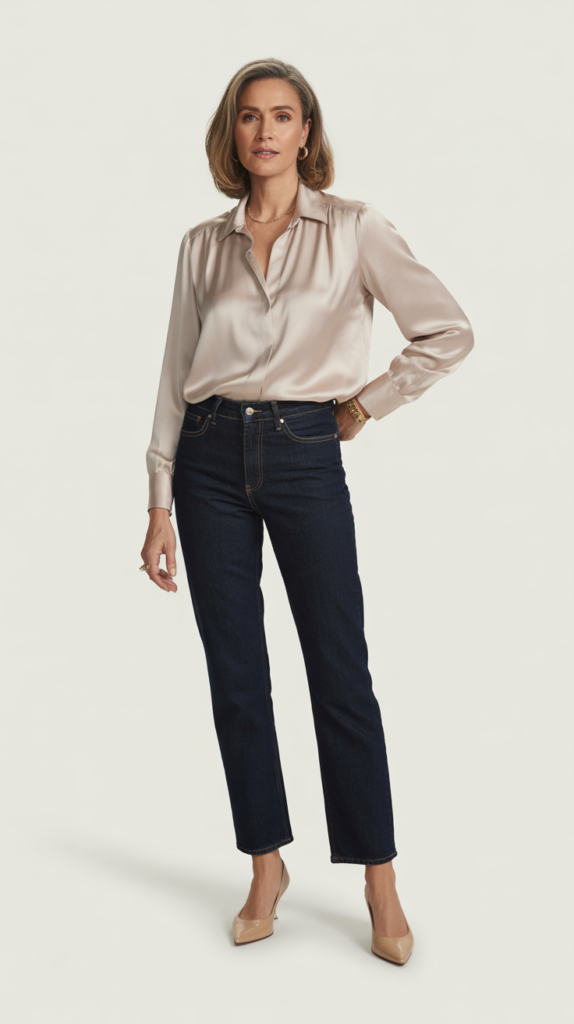 Silk Blouse with Dark Straight Jeans