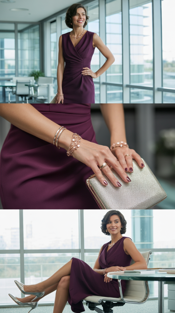 Plum Sheath Dress with Metallic Accessories