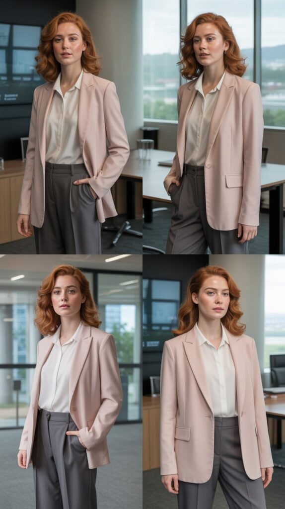 Soft Pink Blazer with Grey Pants