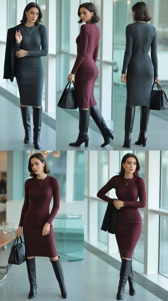 Ribbed Sweater Dress with Knee-High Boots