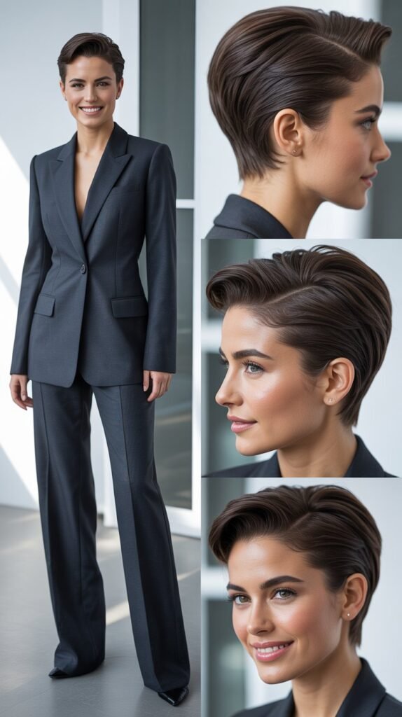 The Slicked-Back Pixie with Tailored Suiting