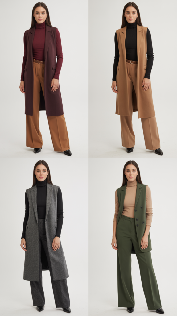 Longline Vest Over Turtleneck and Pants