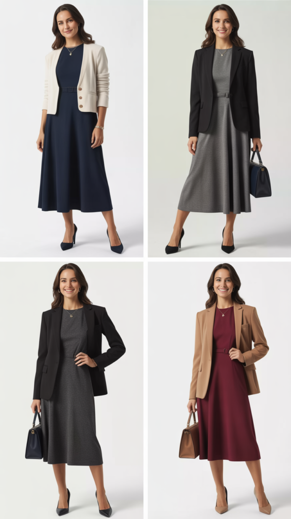 Midi Dress with Cardigan or Blazer Layering