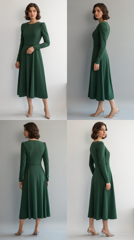 Forest Green Midi Dress with Long Sleeves