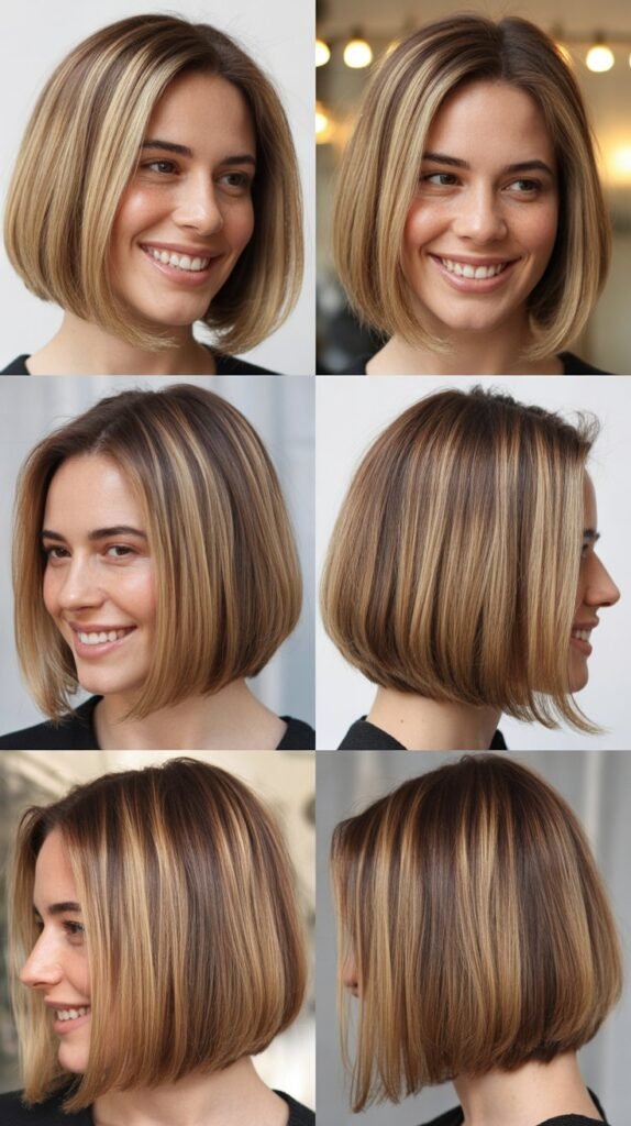  Blunt Cut Bob With Streaky Blonde Highlights