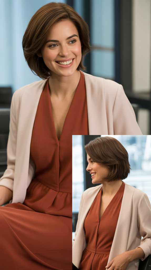 Rust-Colored Dress with Cream Cardigan