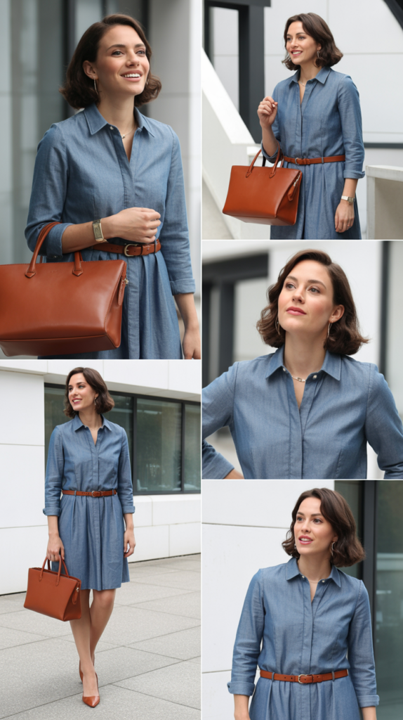 Chambray Dress with Cognac Belt and Flats