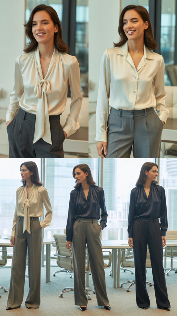 Tailored Wool Trousers with Silk Blouse