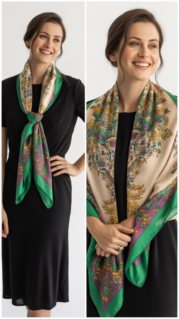 Black Dress with Colorful Scarf