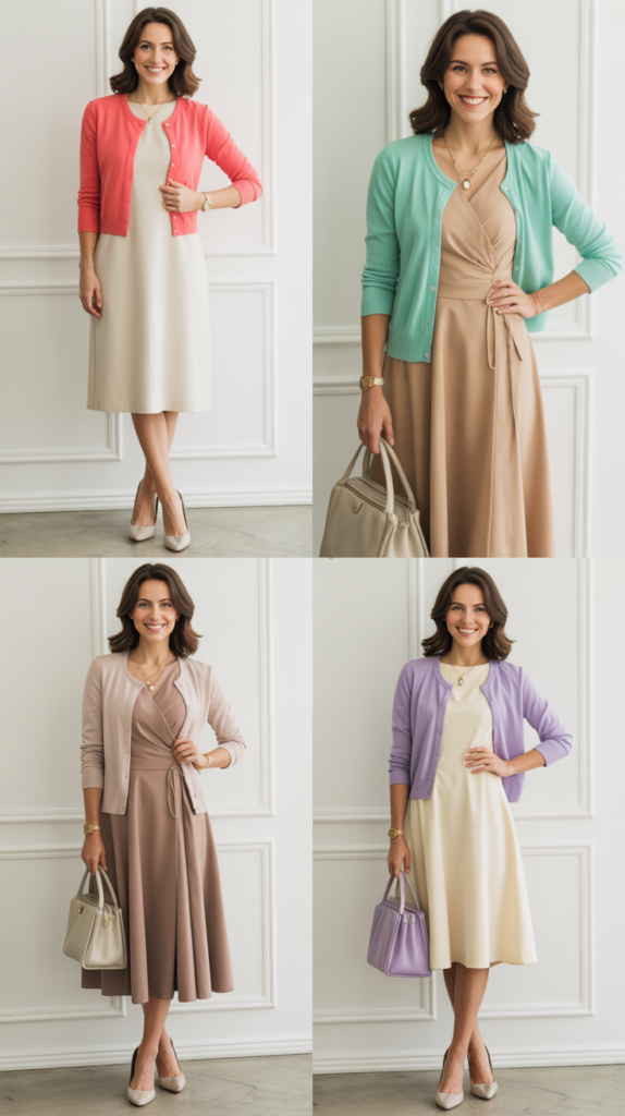 Colored Cardigan over Neutral Dress