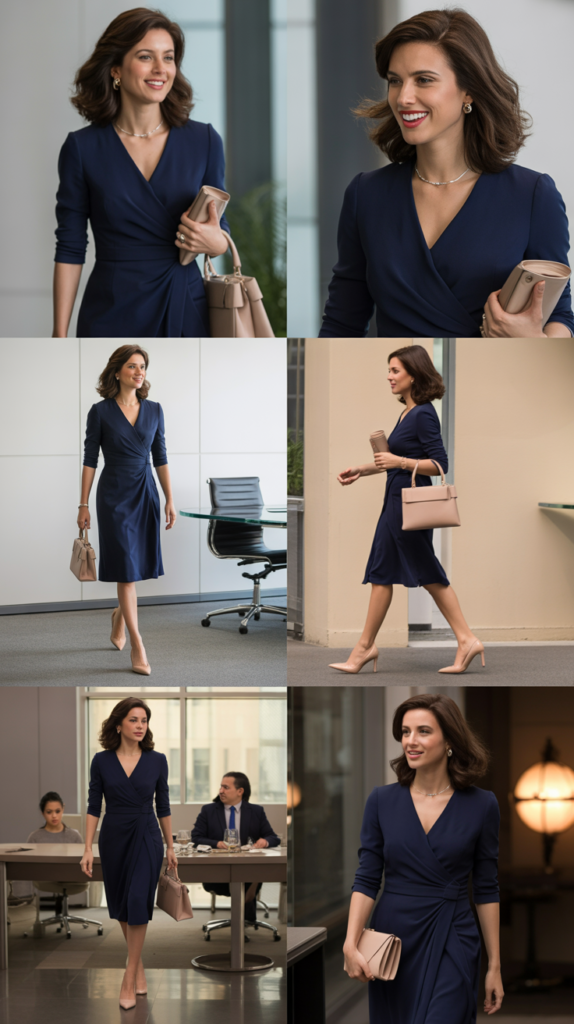 Navy Wrap Dress with Nude Heels