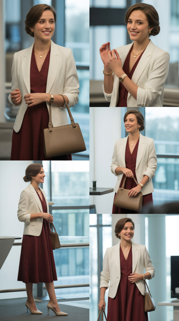 Maroon Dress with Cream Blazer