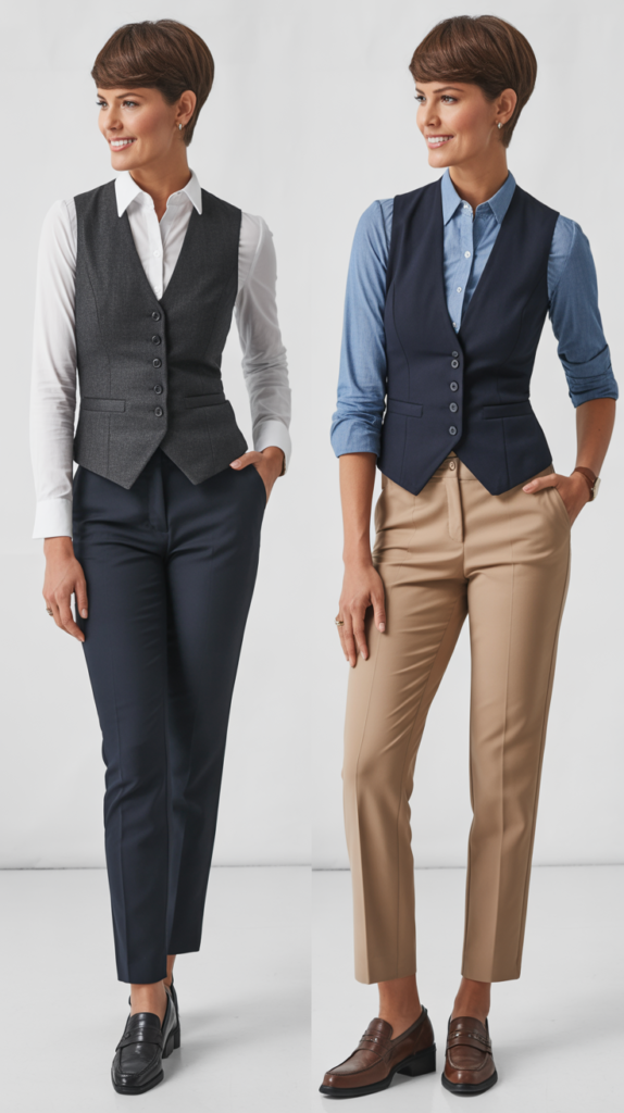 Tailored Vest Over Long-Sleeve Shirt
