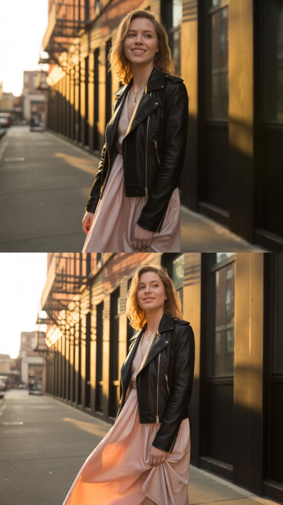 Leather Jacket with Feminine Dress
