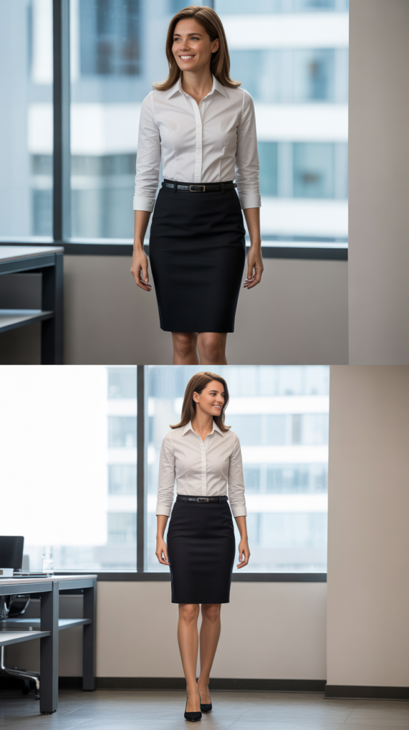Classic Pencil Skirt with White Button-Down Shirt
