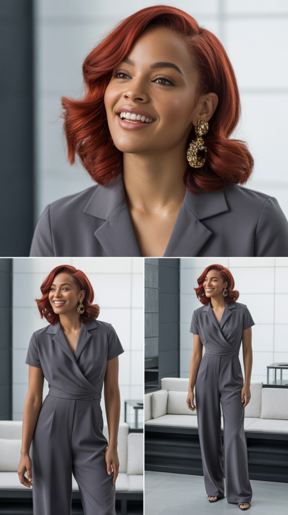  Charcoal Gray Jumpsuit with Statement Earrings