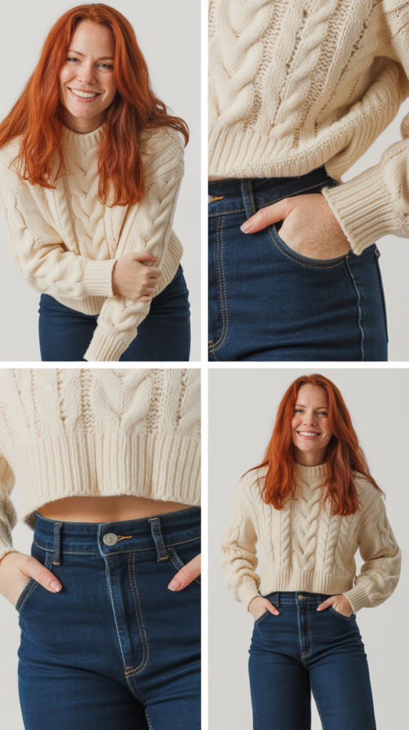Cream Cable Knit Sweater with High-Waisted Jeans