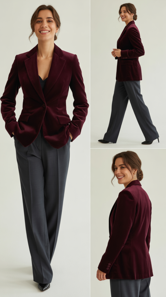 Velvet Blazer with High-Waisted Trousers