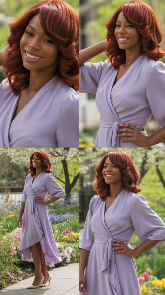 Lavender Wrap Dress with Nude Heels