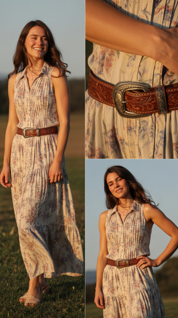 Flowing Bohemian Maxi Dress with Western Belt