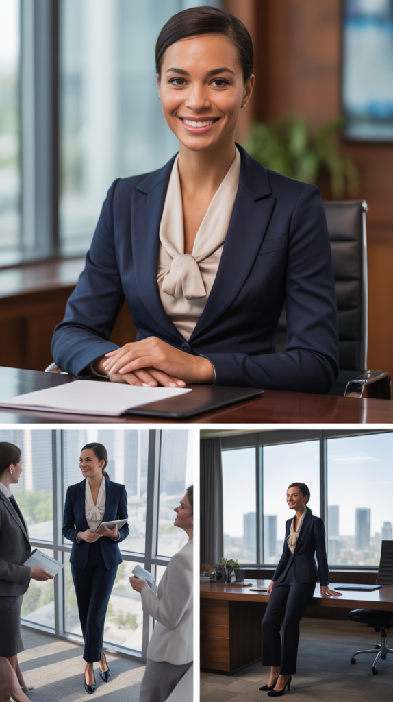Navy Pantsuit with Cream Silk Blouse