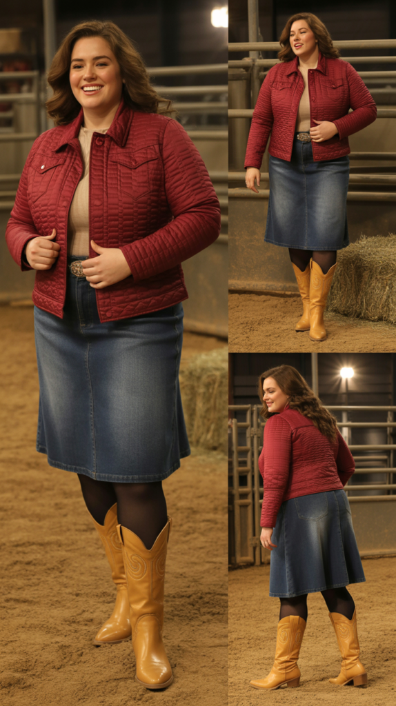 Quilted Jacket with Midi Skirt and Boots