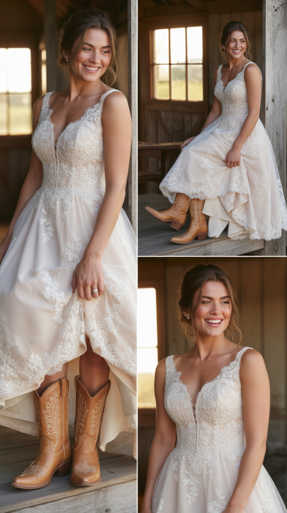 Classic Lace Wedding Dress with Cowboy Boots