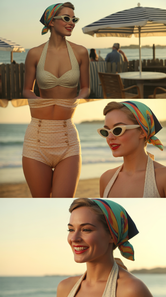  Vintage High-Waisted Bikini with Headscarf
