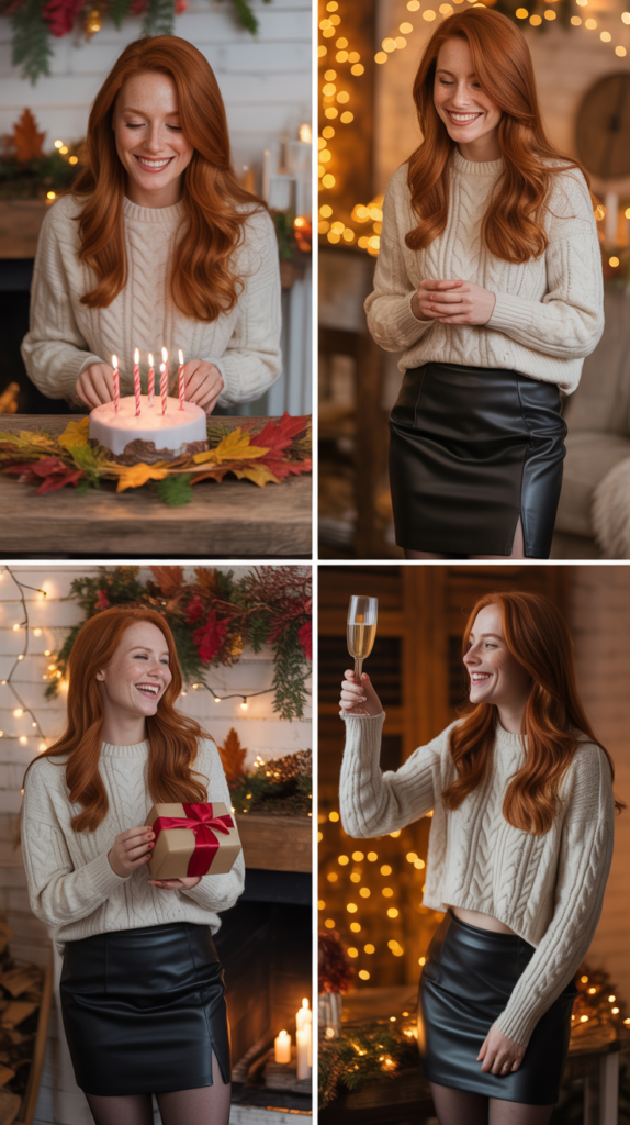 Cream Sweater with Leather Skirt