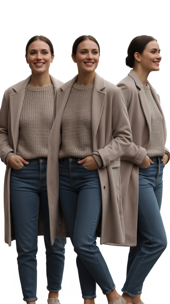 Neutral Coat, Sweater, and Jeans