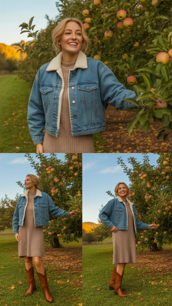 Sherpa-Lined Denim Jacket with Dress and Boots