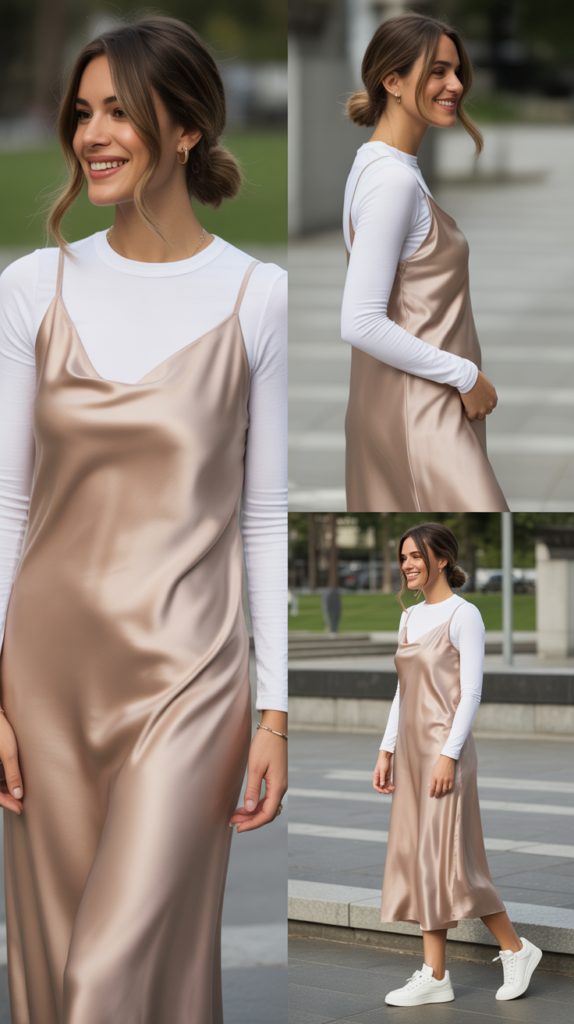 Slip Dress Layered Over T-Shirt