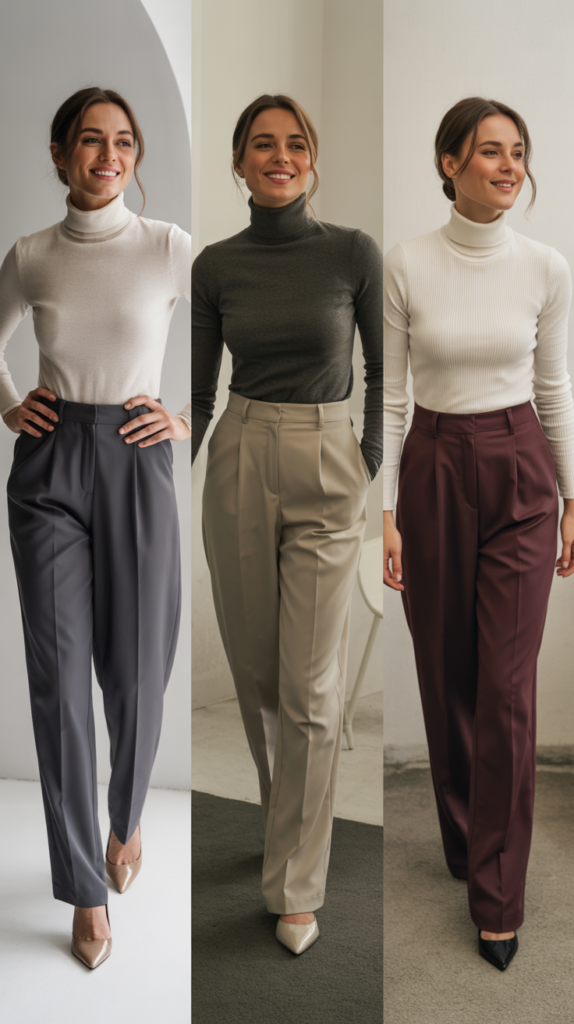 Turtleneck and High-Waisted Trousers