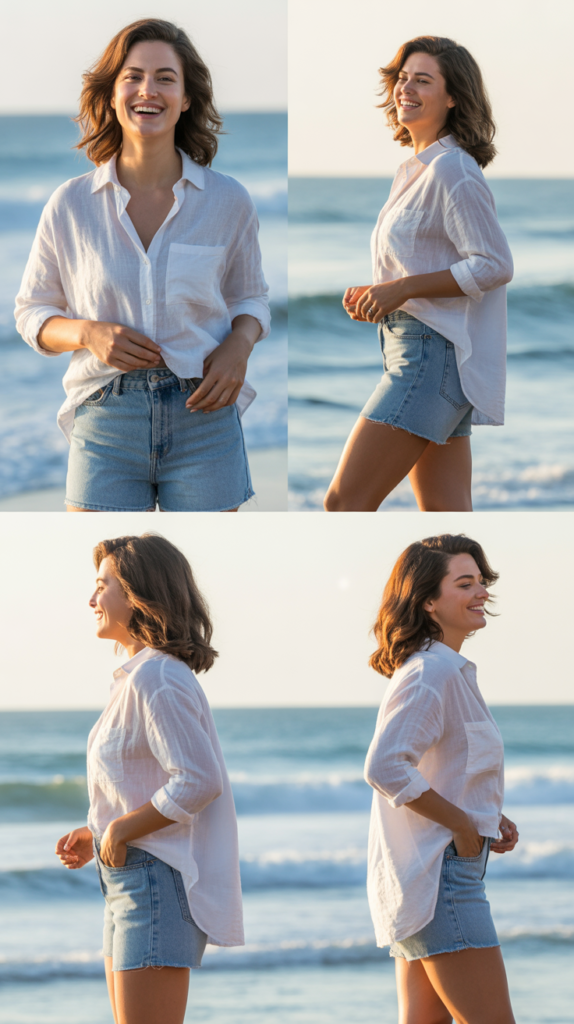 Classic White Linen Shirt and Denim Shorts