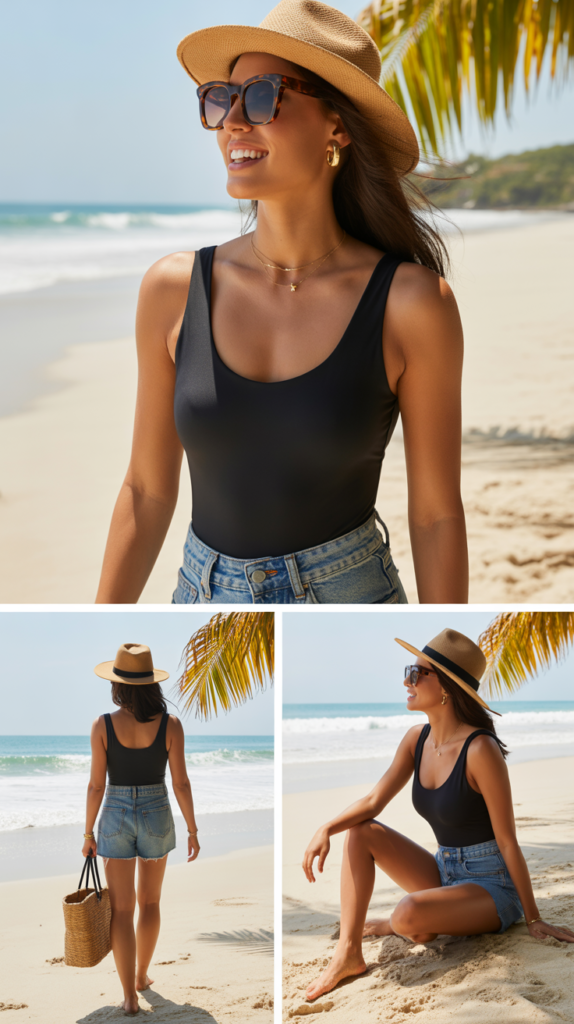 Classic One-Piece Swimsuit with High-Waisted Shorts