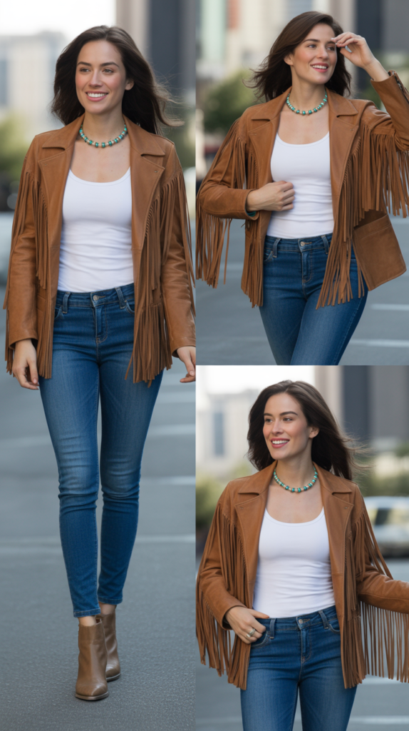 Skinny Jeans with Fringe Leather Jacket