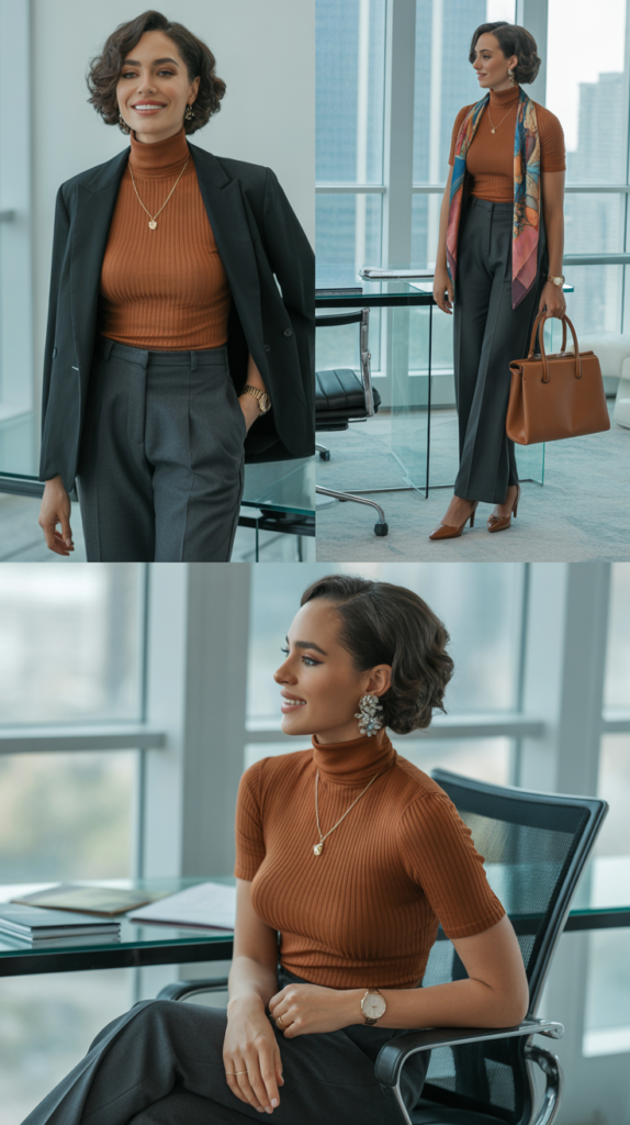 Caramel Turtleneck with Gray Tailored Pants