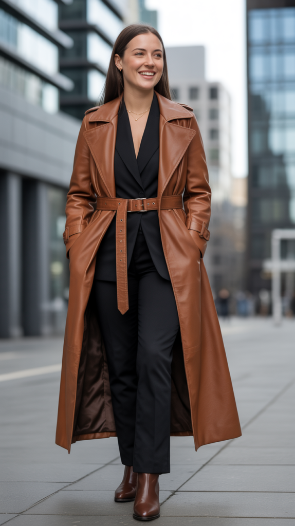 The Brown Leather Trench with Monochrome Outfit