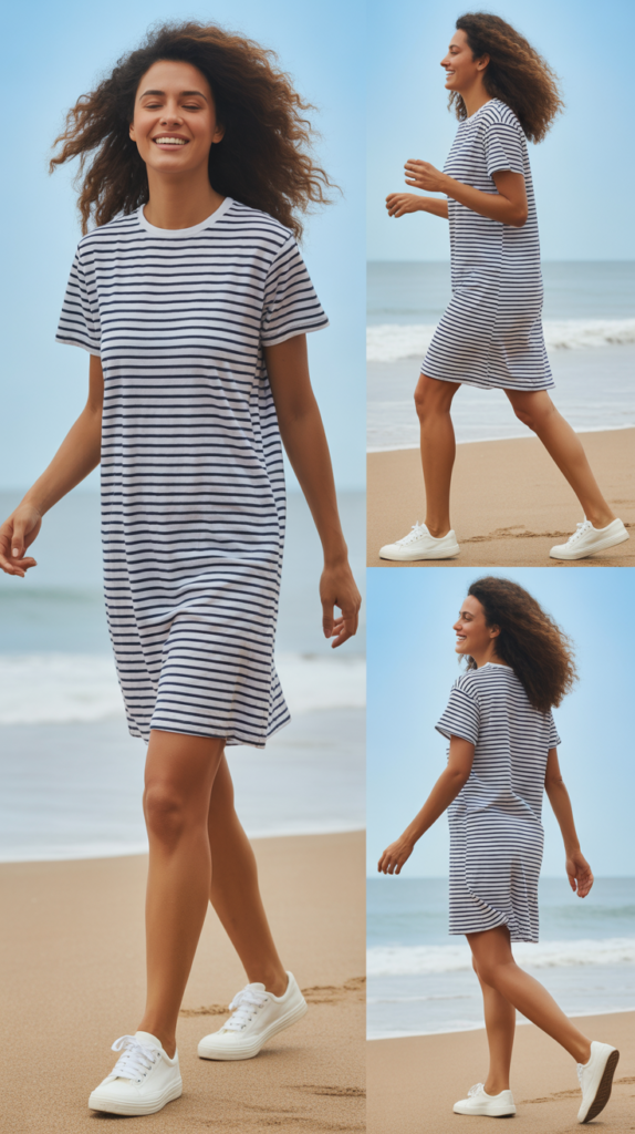 Striped T-Shirt Dress with Sneakers