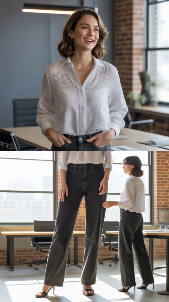 Gauze Cotton Blouse with Straight-Leg Jeans