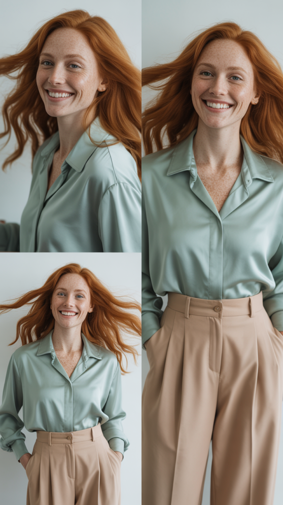 Mint Green Blouse with Beige Wide-Leg Trousers